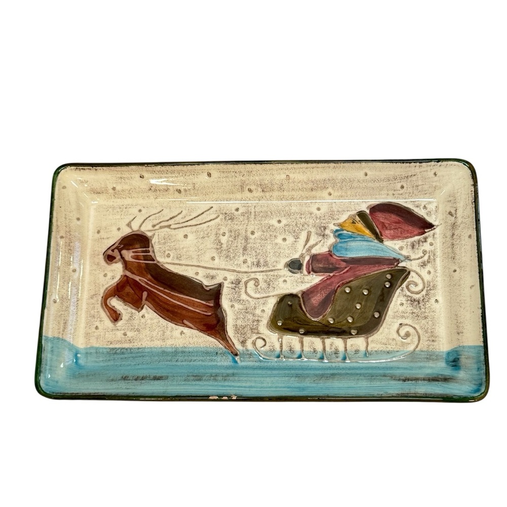 Vietri Holiday Reindeer Sleigh Serving Rectangle Platter Hand Painted Italy